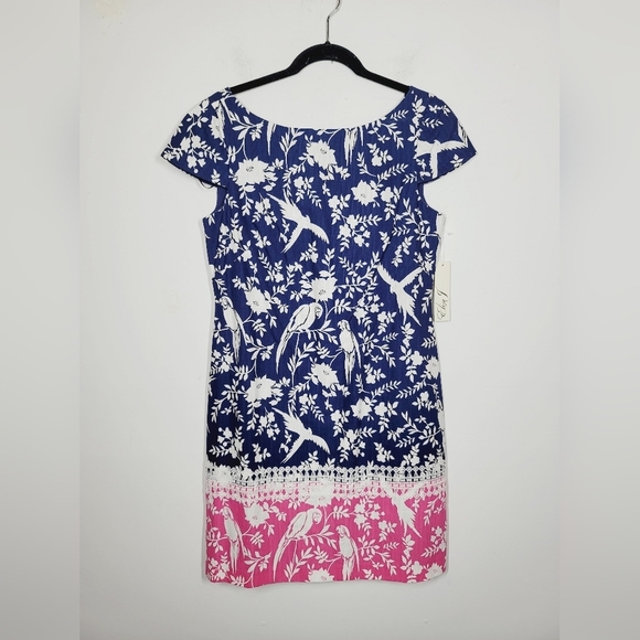 NWT ELIZA J Elegant Blue and Pink Bird Print Dress, Size 8 - Picture 1 of 6